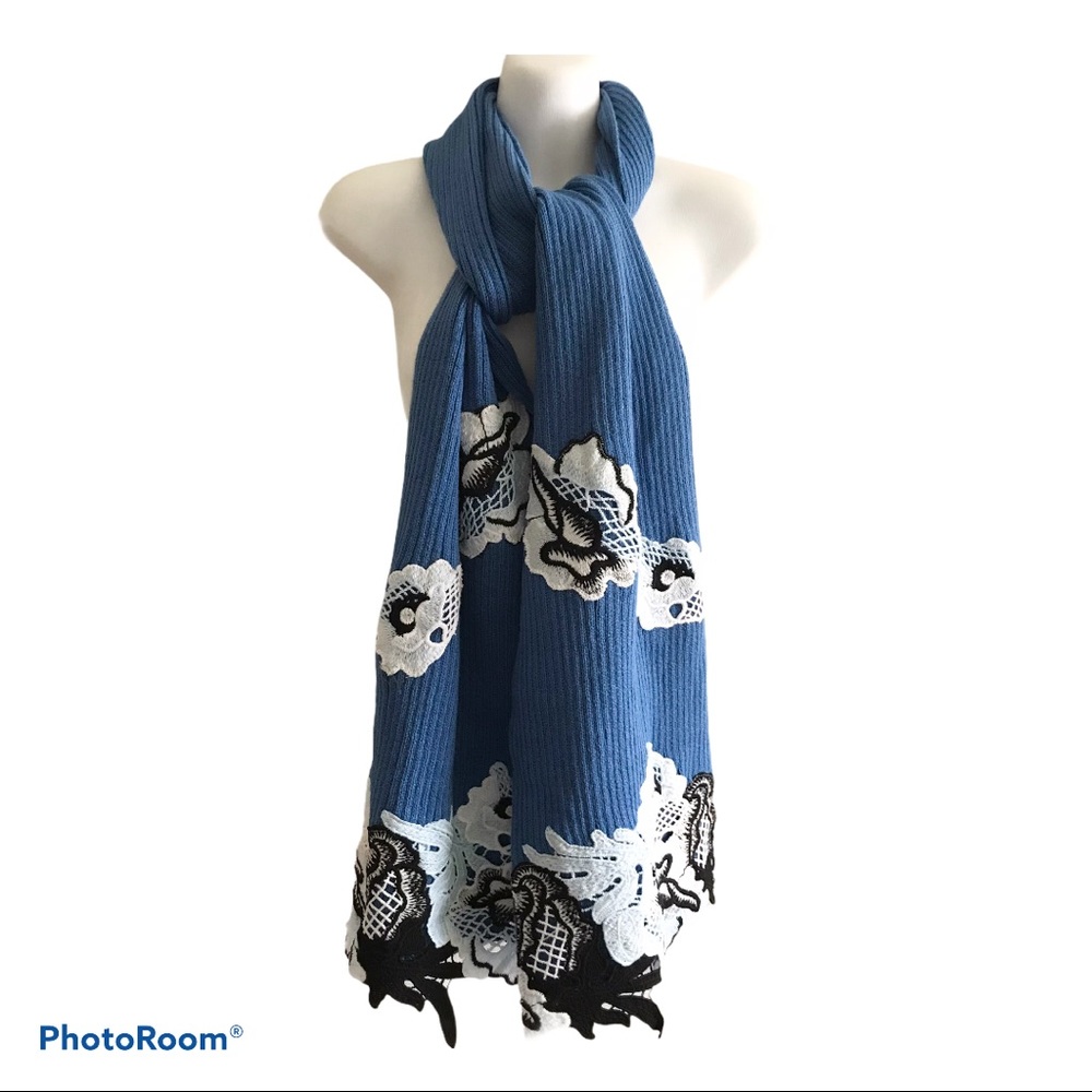 Floral Embroidered Appliqué Knit Blue Scarf Wrap